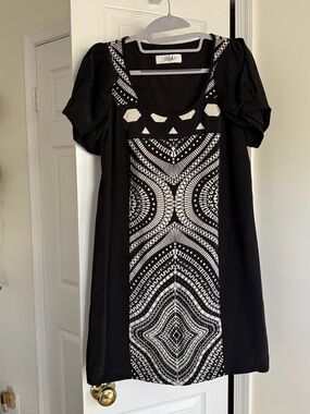 Tibi Vintage Silk Printed Mini Dress Black & White Puff Sleeve Size S